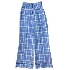 VTG 1970s Miss K 100% Polyester Blue Plaid  Wide Leg Cuffed Pants Women XS 25x28